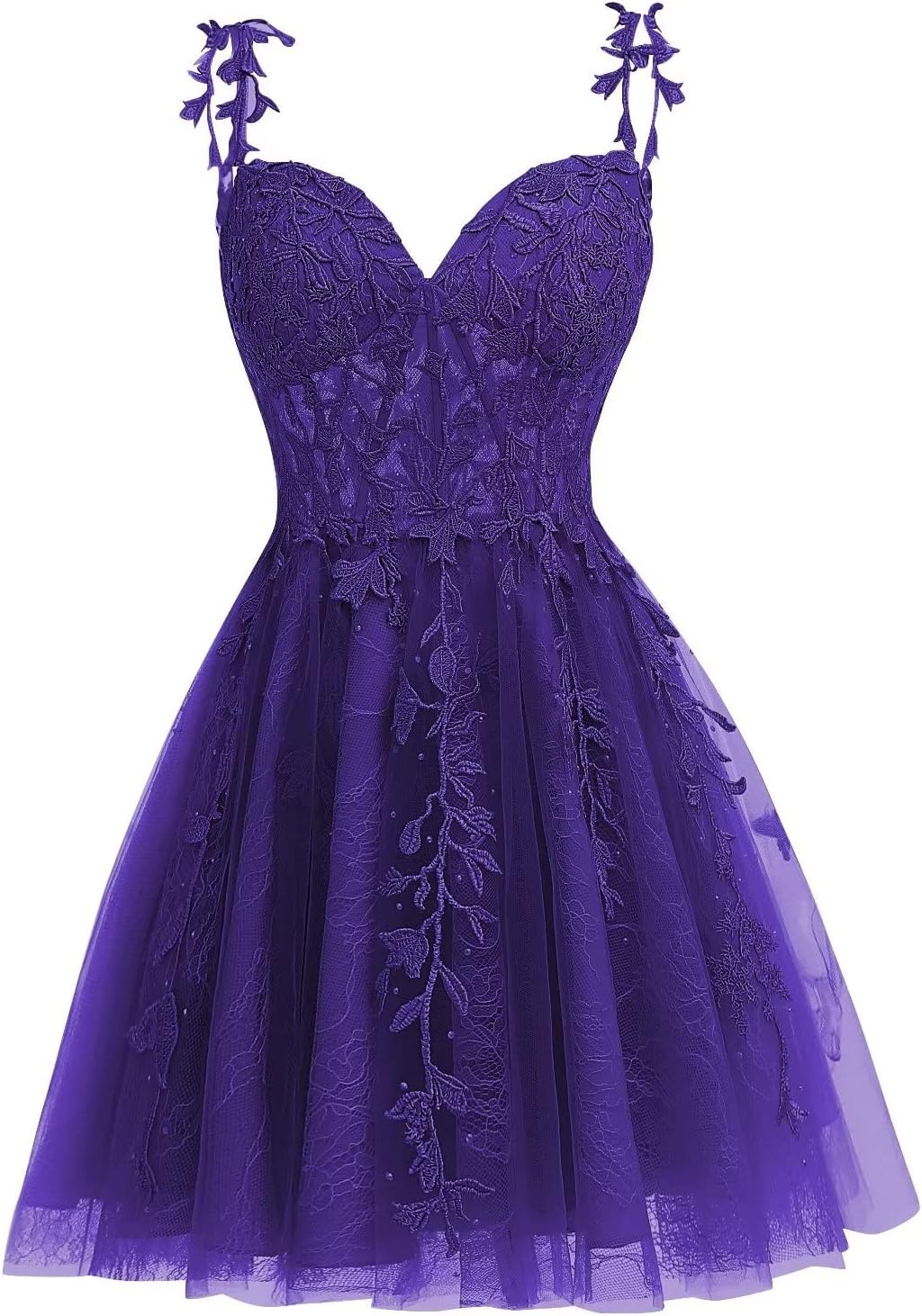A-line sweetheart lace applique tulle dress in purple.