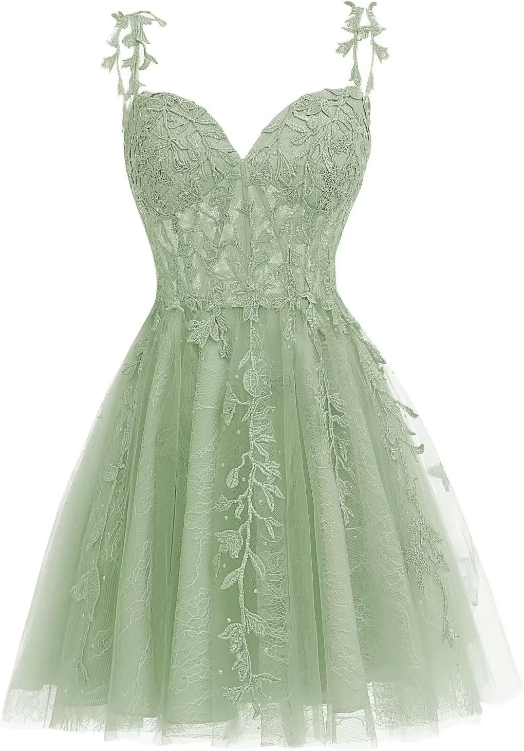 A-line sweetheart lace applique tulle dress in sage green.