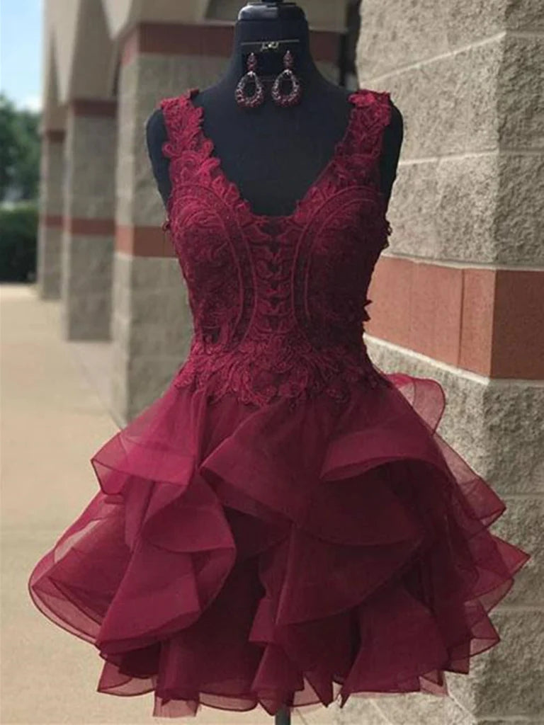 A-line lace short dress with V-neck, suitable for homecoming or prom.
