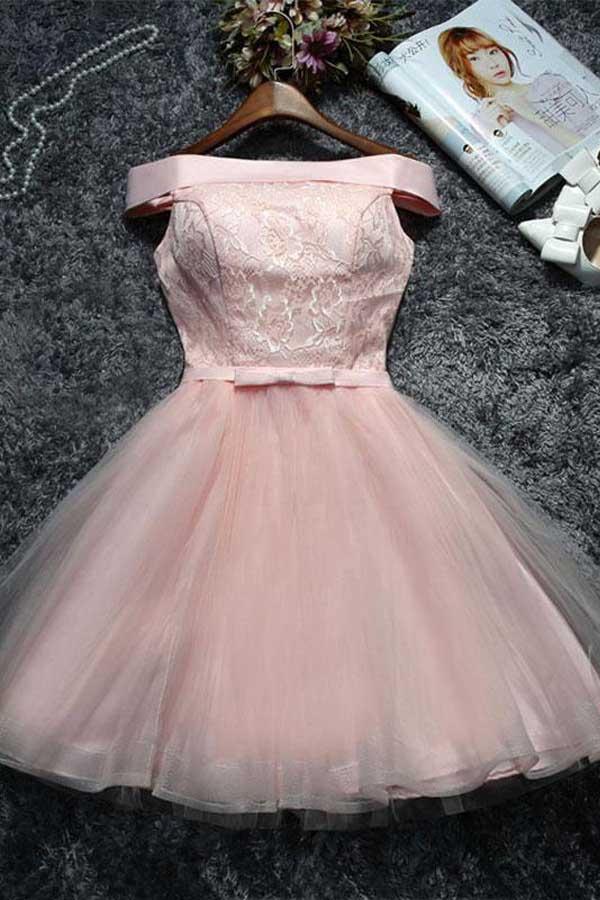 Front view of a short A-line lace and tulle prom dress with a V-neckline.