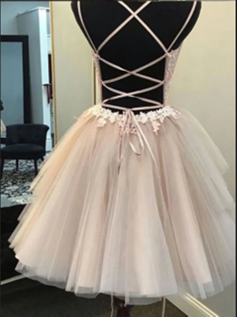 Close-up of the A-line V-neck tulle lace short dress, highlighting its delicate fabric.