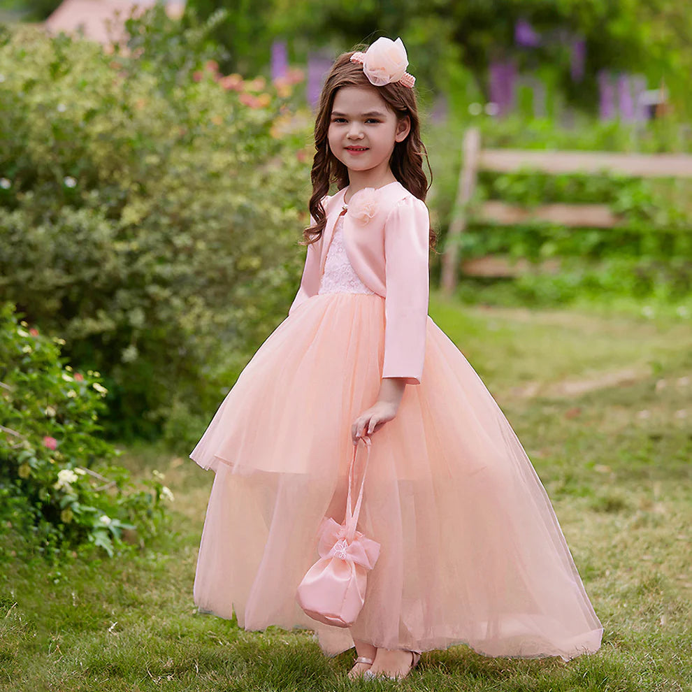 Side view of the charming flower girl ball gown, showcasing the full skirt and 3/4 sleeves.