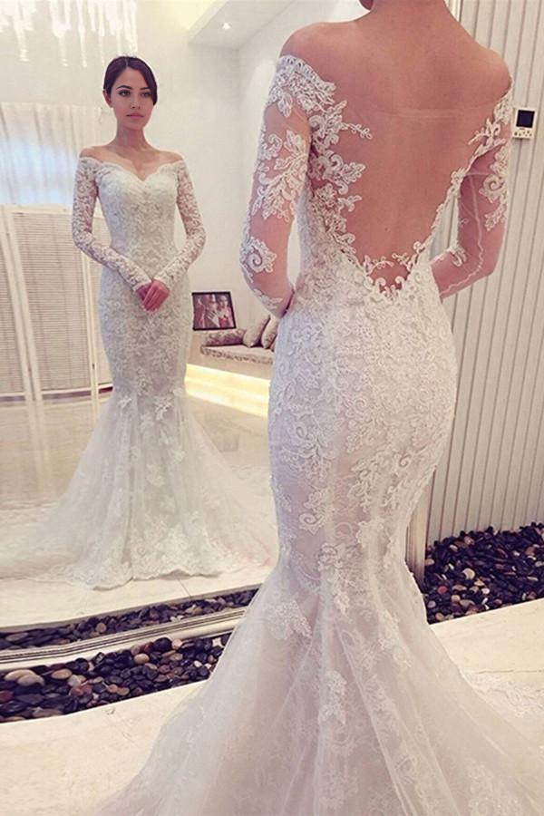Mermaid wedding dress with off-shoulder lace long sleeves.