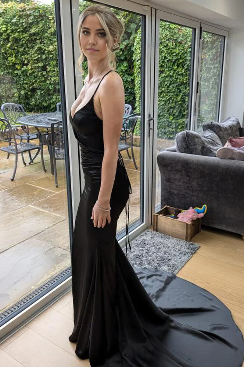 Black satin mermaid V-neck long formal dress.