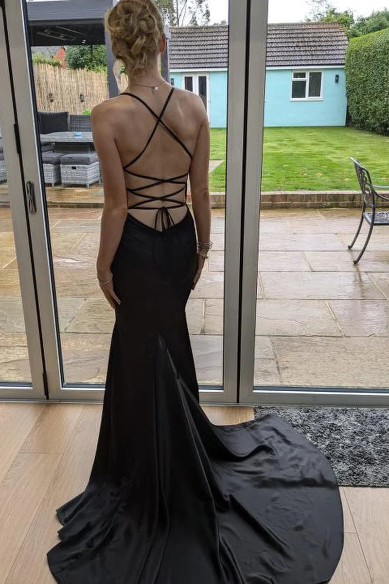 Back view of black satin mermaid V-neck long formal dress.