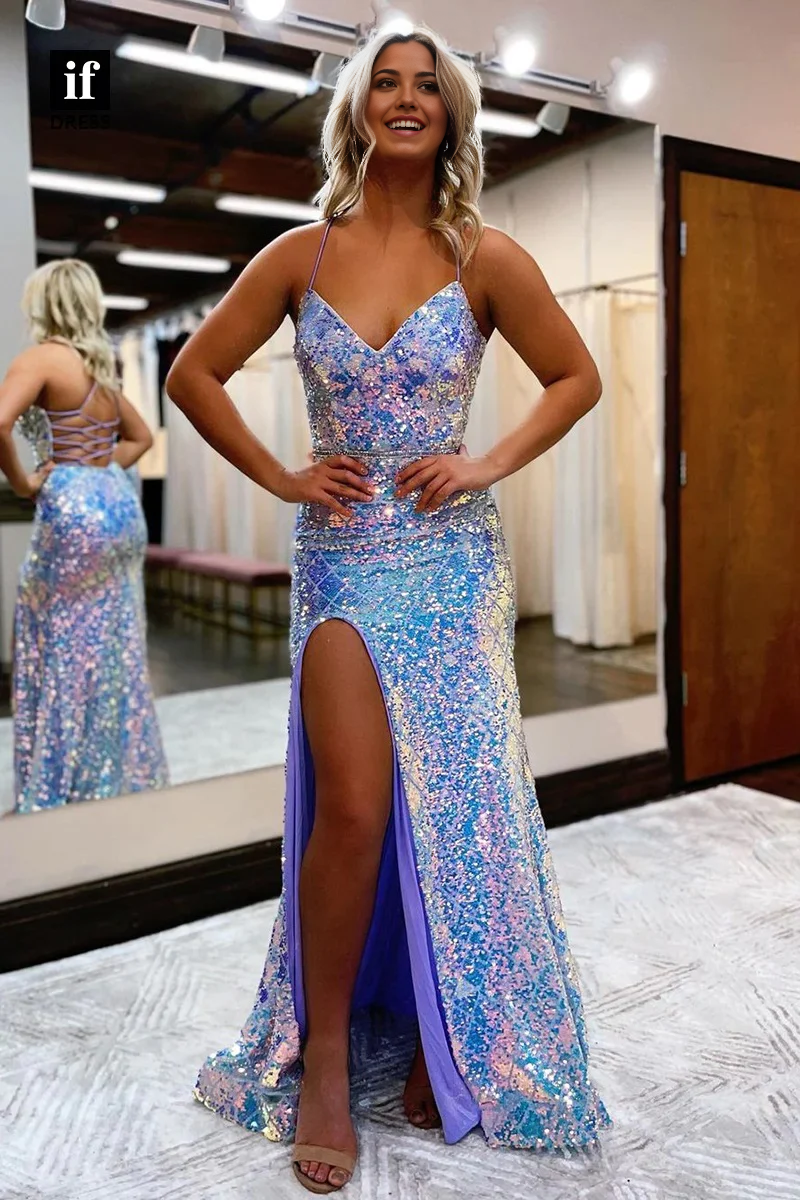 Model wearing a blue sequin mermaid prom dress with a V-neck and high slit.