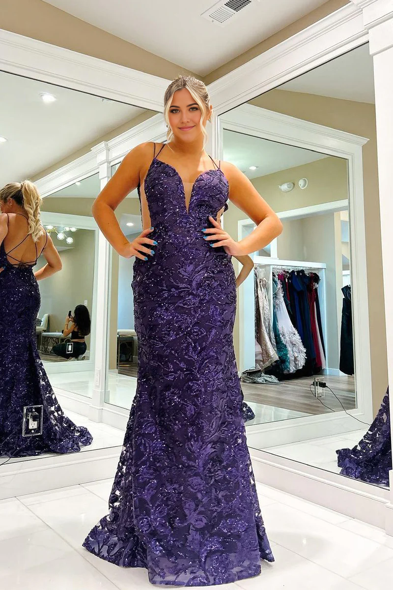 Elegant purple sequin mermaid prom dress with a V-neckline.