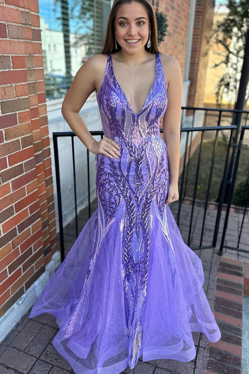 Elegant lavender sequins mermaid prom dress with a V-neckline.