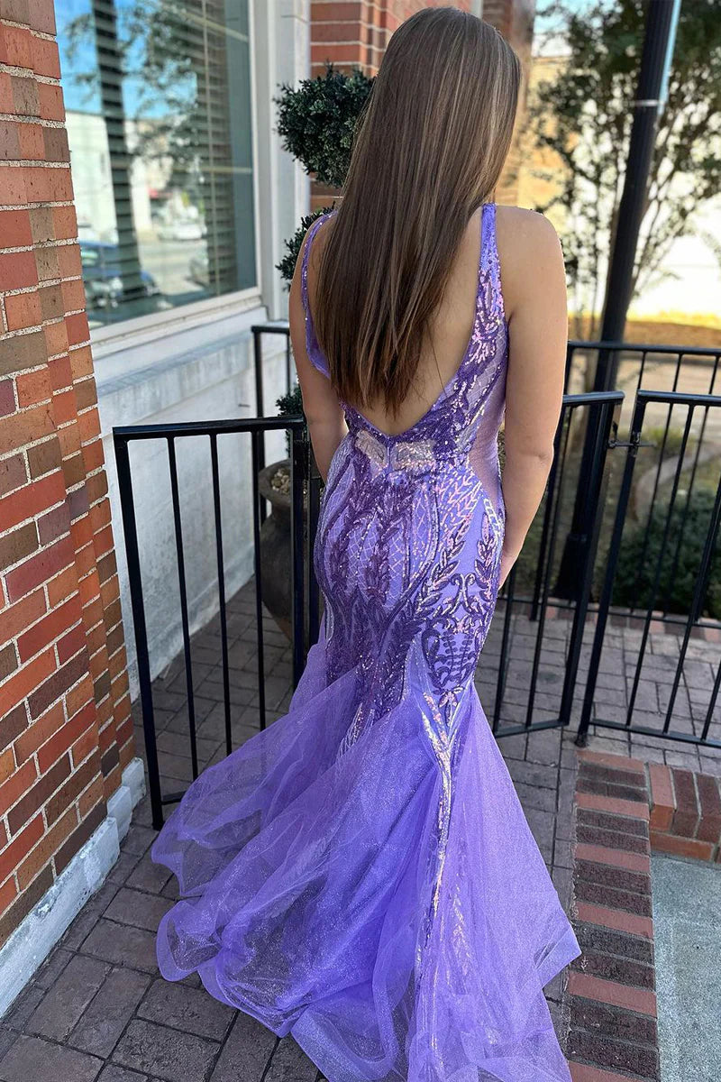 Back view of a shimmering lavender sequins mermaid prom dress.
