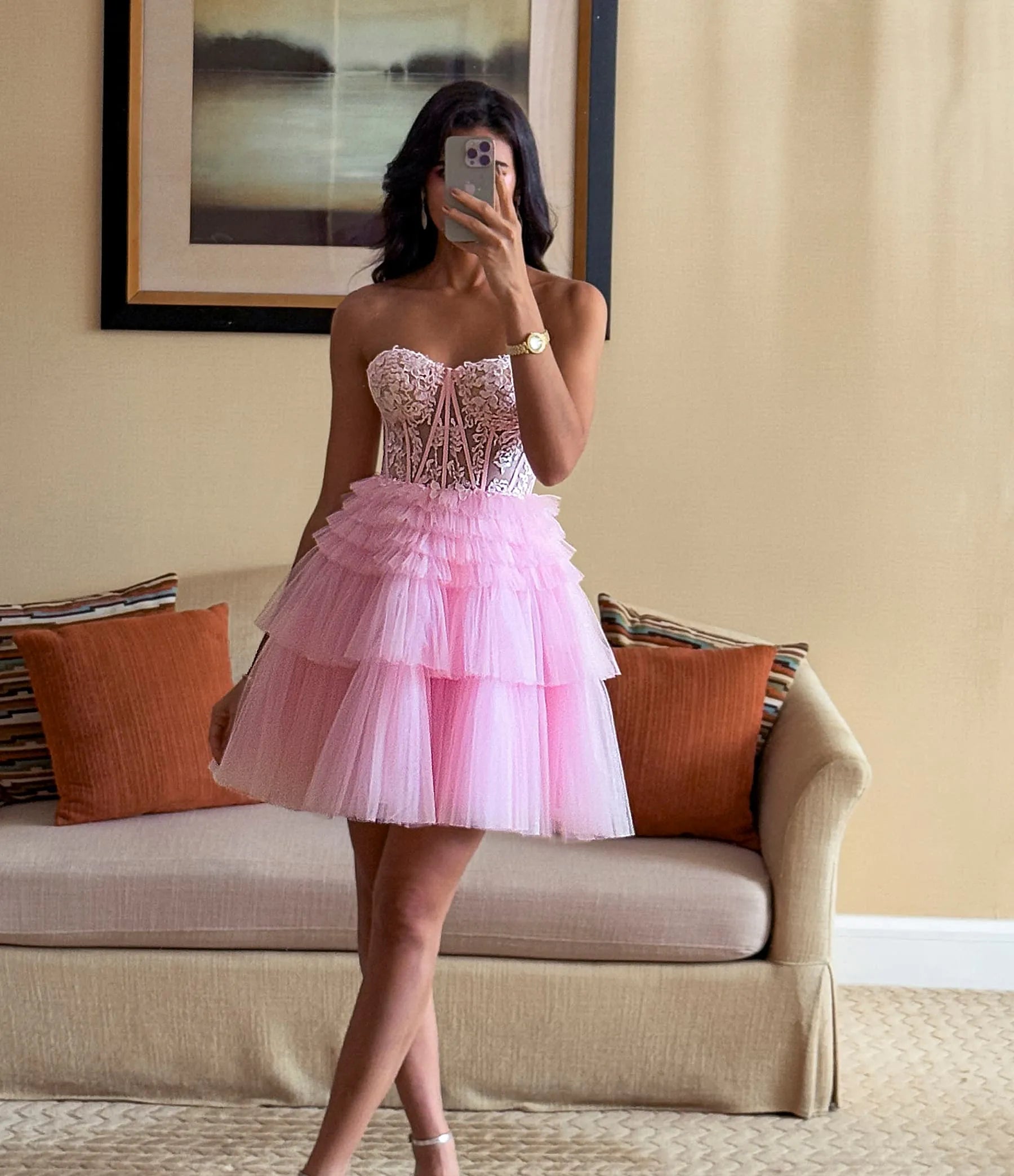Charming sweetheart ball gown homecoming dress with lace appliques.