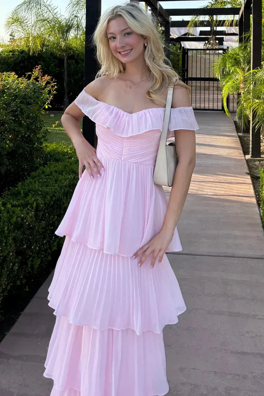 Charming Off The Shoulder Ruffle Ruched Tiered Chiffon A-Line Maxi Prom Dress
