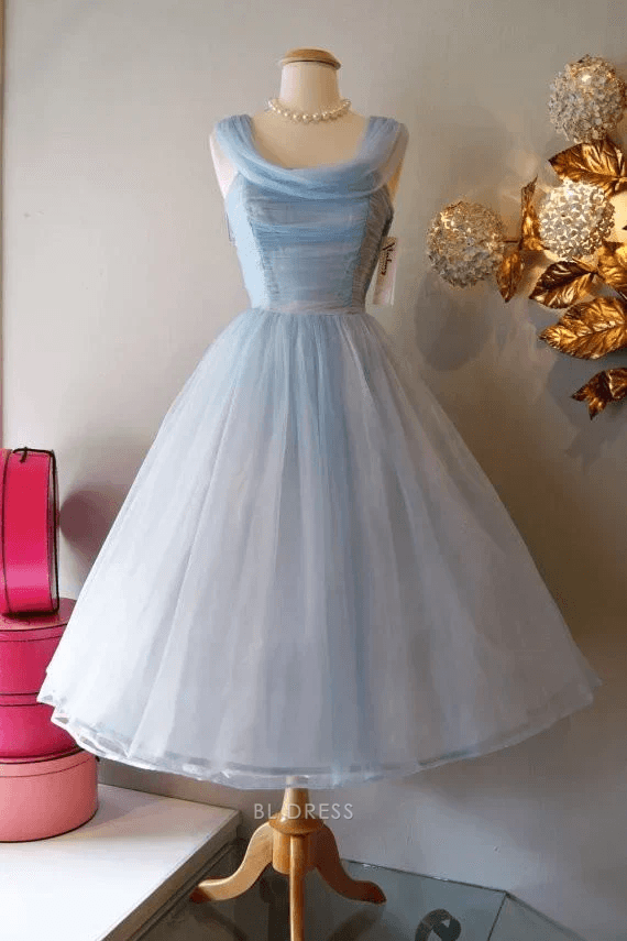 Charming A-Line Cowl Neck Sleeveless Draped Bow Back Baby Blue Short Homecoming Dress