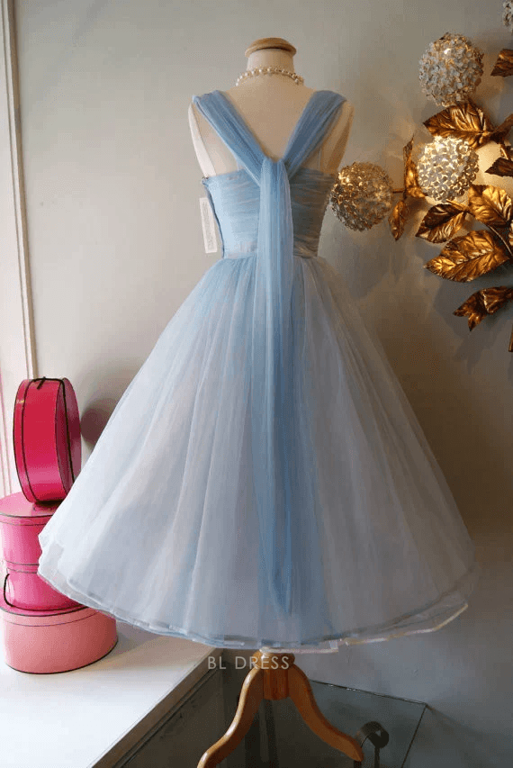 Charming A-Line Cowl Neck Sleeveless Draped Bow Back Baby Blue Short Homecoming Dress
