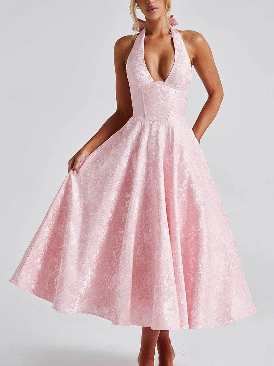 Charming A-Line Halter Sleeveless Floral Jacquard Pink Midi Prom Dress