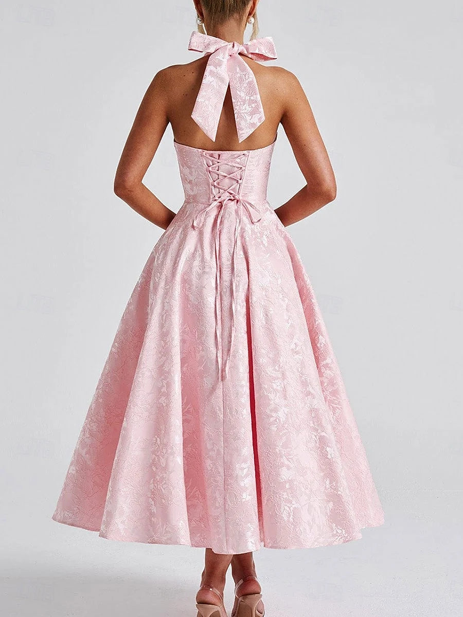 Charming A-Line Halter Sleeveless Floral Jacquard Pink Midi Prom Dress