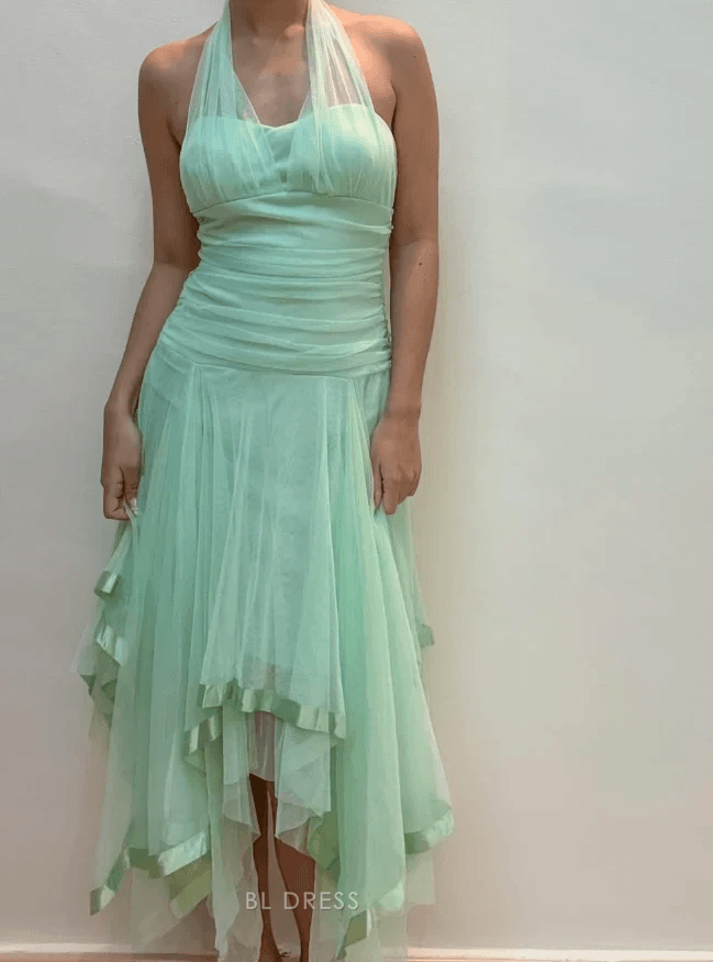Charming A-Line Halter Sleeveless Ruffled Mint Green High-Low Homecoming Dress