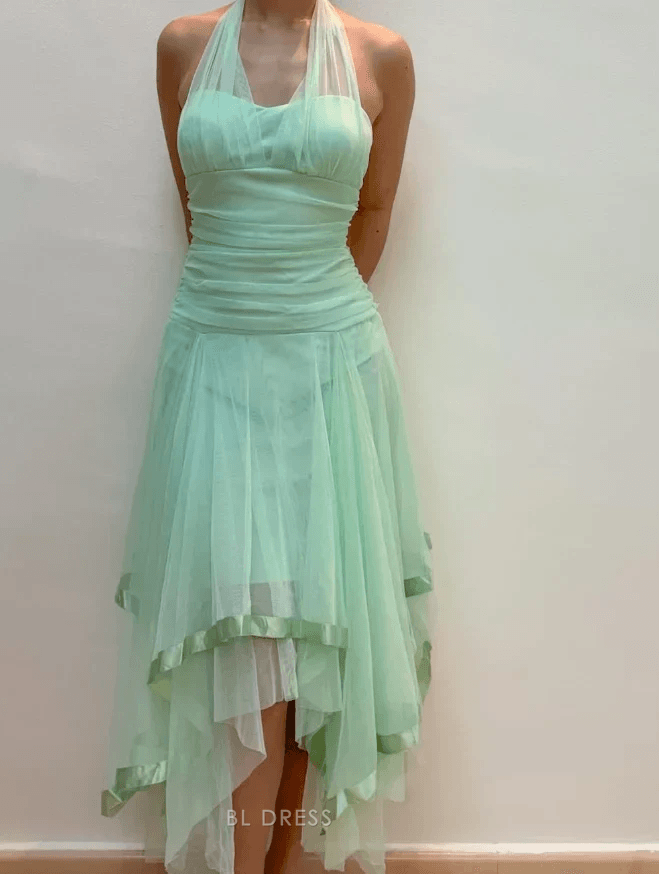Charming A-Line Halter Sleeveless Ruffled Mint Green High-Low Homecoming Dress