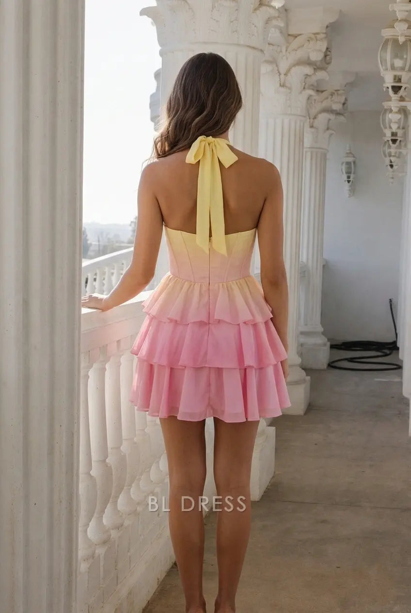 Charming A-Line Halter Sleeveless Ruffled Ombre Pink Yellow Short Homecoming Dress Women's