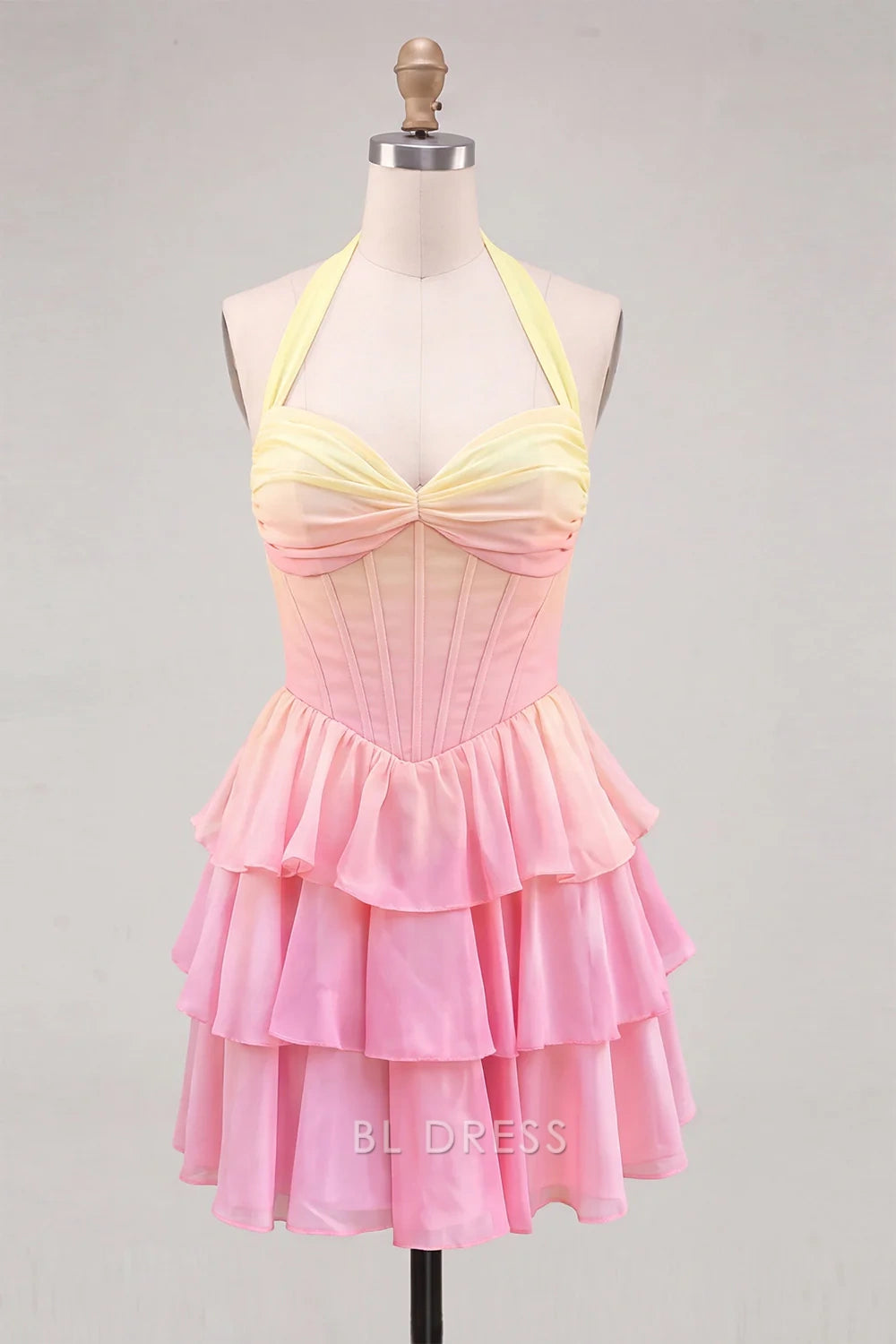 Charming A-Line Halter Sleeveless Ruffled Ombre Pink Yellow Short Homecoming Dress Women's