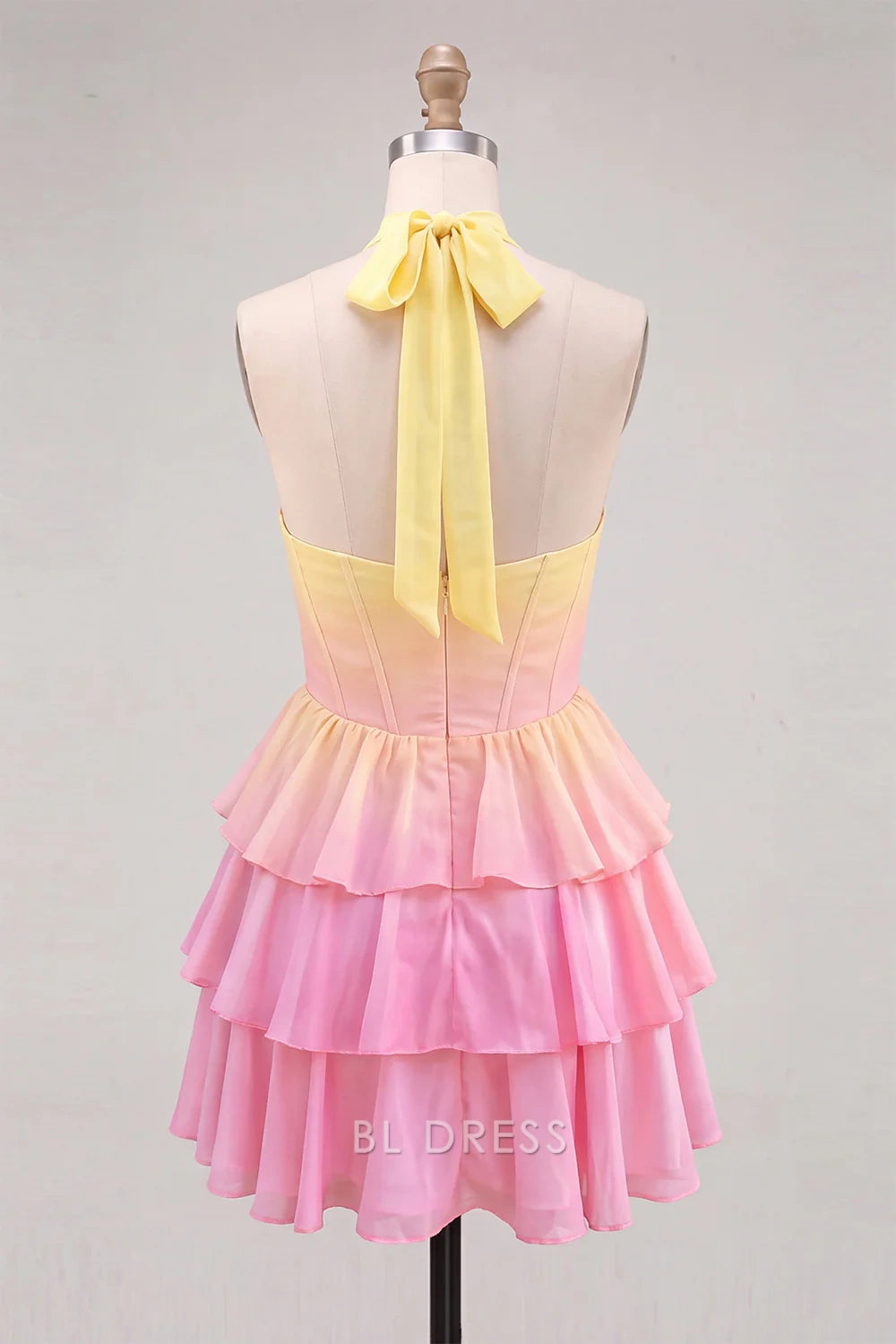 Charming A-Line Halter Sleeveless Ruffled Ombre Pink Yellow Short Homecoming Dress Women's