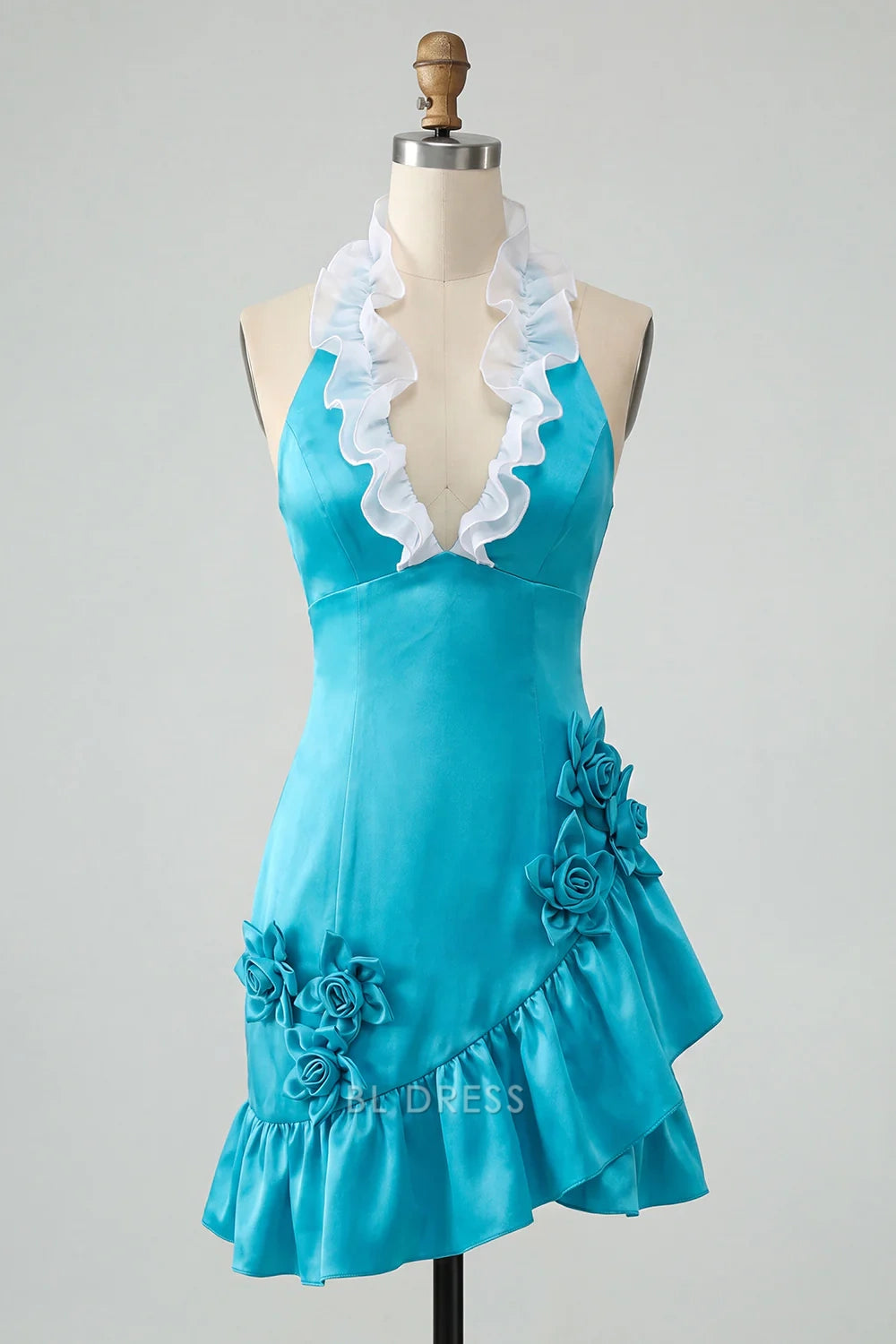 Charming A-Line Halter V-Neck Sleeveless Ruffled Floral Lake Blue Short Homecoming Dress