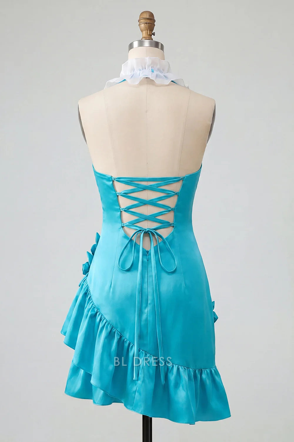 Charming A-Line Halter V-Neck Sleeveless Ruffled Floral Lake Blue Short Homecoming Dress