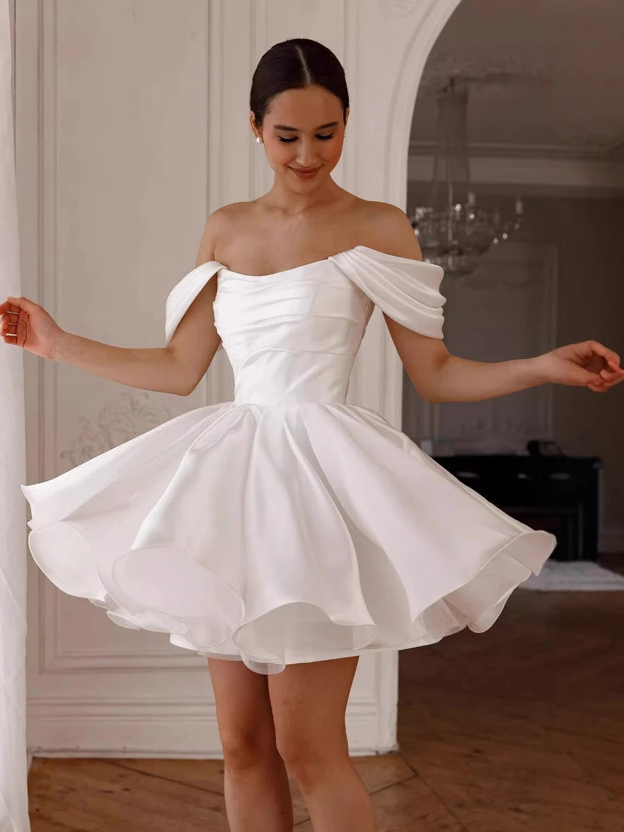 Charming A-Line Off-Shoulder Draped White Mini Homecoming Dress for Women