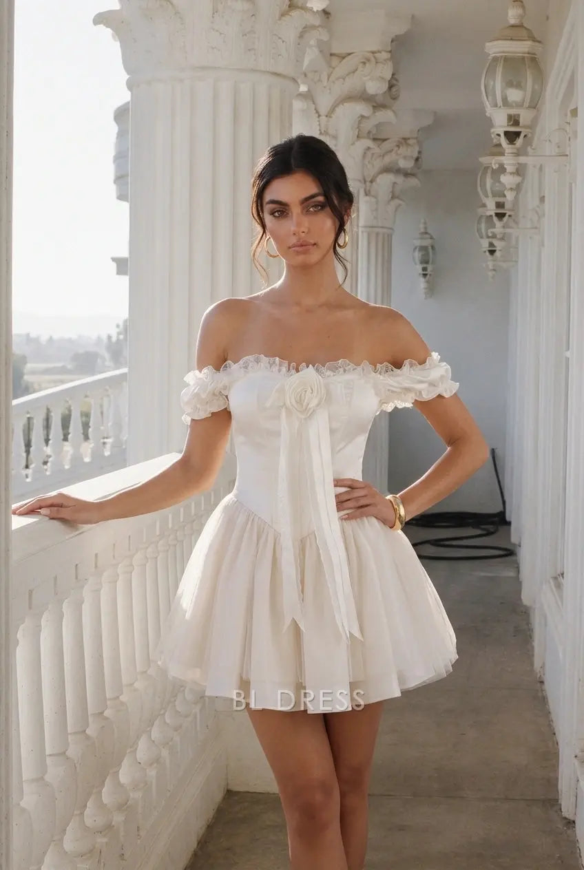 Charming A-Line Off-Shoulder Ruffled Bow Ivory Short Homecoming Dress for Women