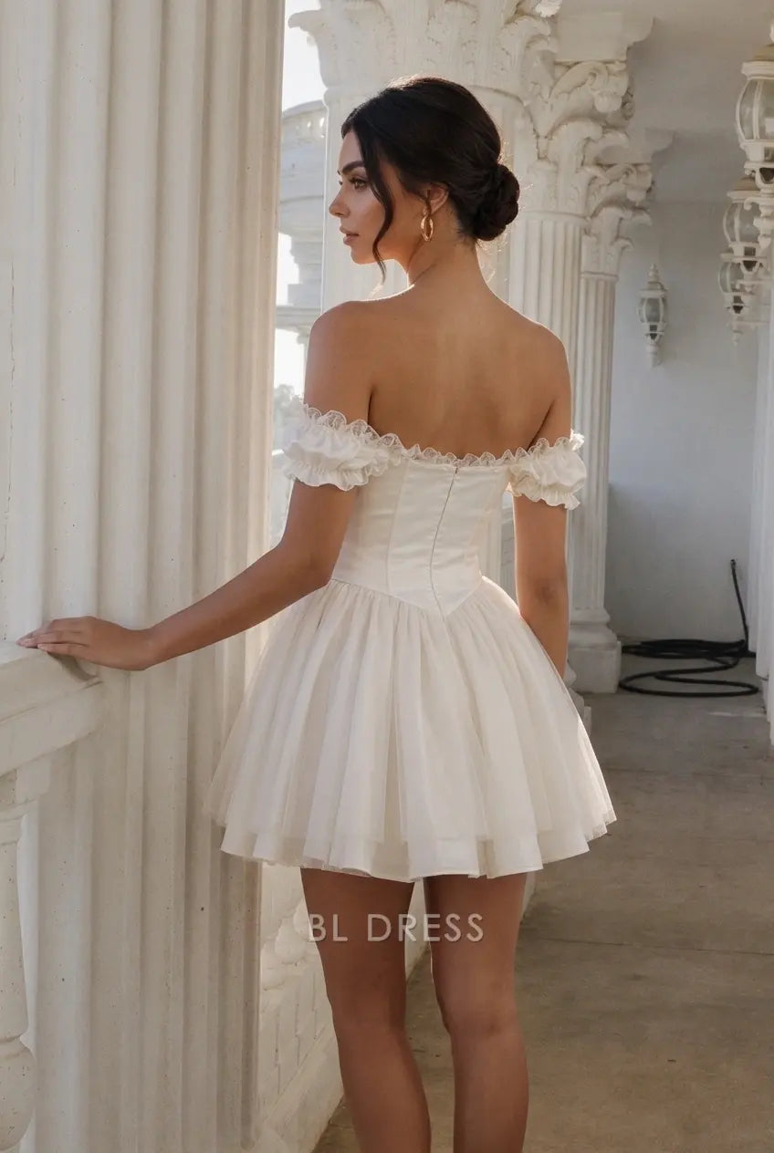 Charming A-Line Off-Shoulder Ruffled Bow Ivory Short Homecoming Dress for Women