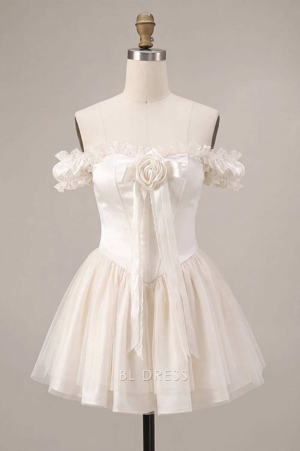 Charming A-Line Off-Shoulder Ruffled Bow Ivory Short Homecoming Dress for Women