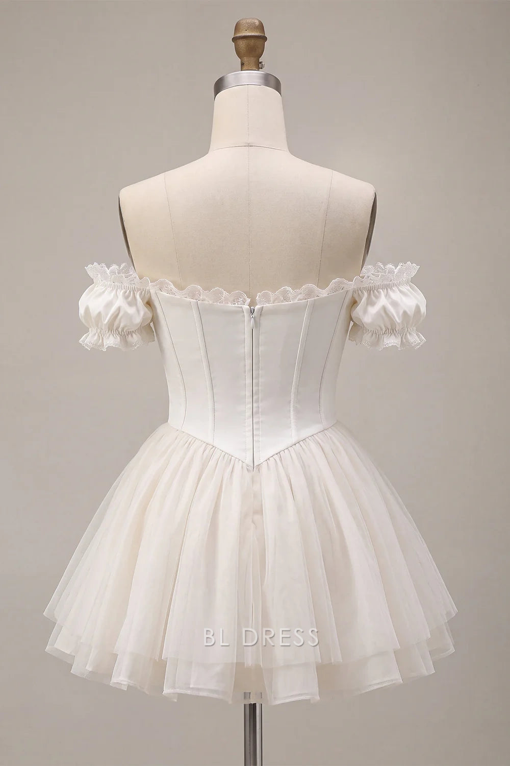 Charming A-Line Off-Shoulder Ruffled Bow Ivory Short Homecoming Dress for Women