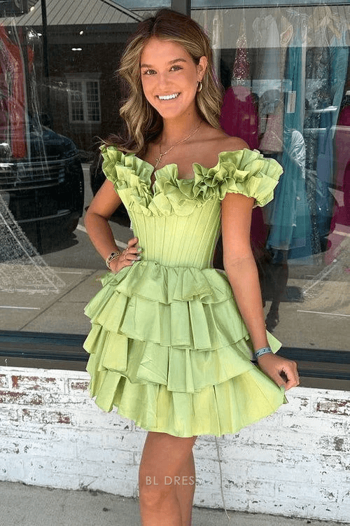 Charming A-Line Off-Shoulder Ruffled Tiered Lime Green Short Homecoming Dresses For Girls