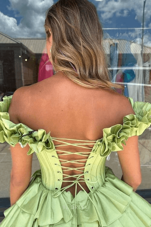 Charming A-Line Off-Shoulder Ruffled Tiered Lime Green Short Homecoming Dresses For Girls