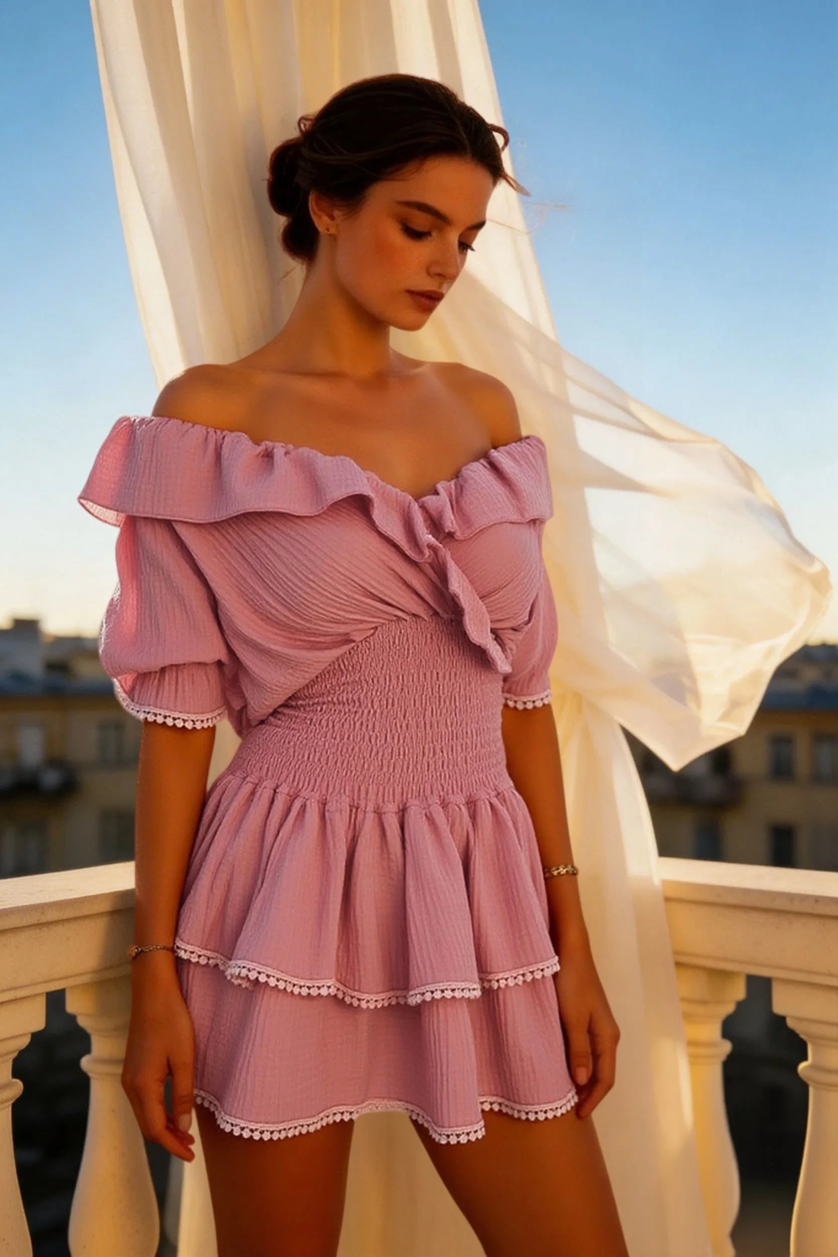 Charming A-Line Off-Shoulder Short-Sleeve Smocked Tiered Pink Mini Homecoming Dresses Women