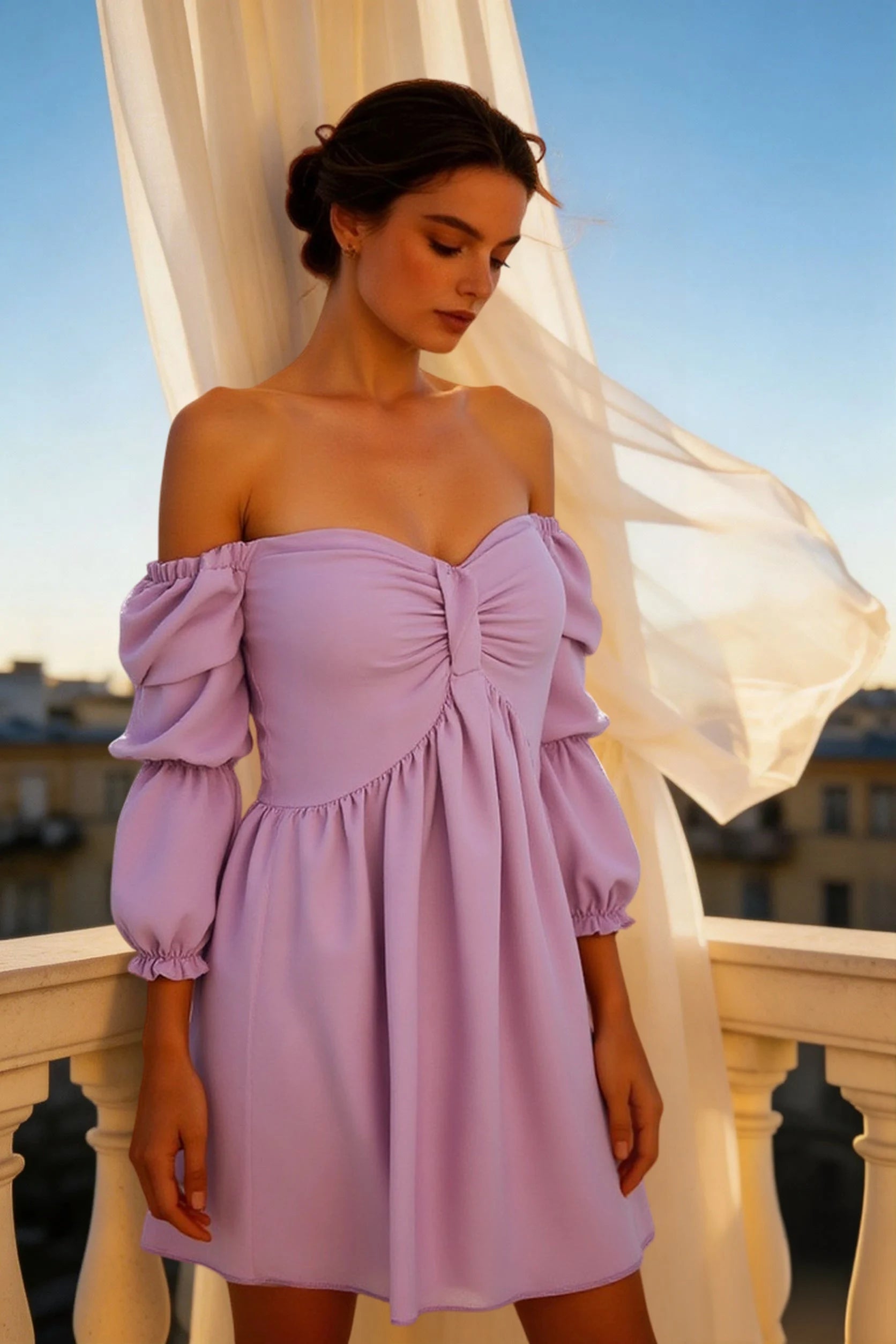 Charming A-Line Off-Shoulder Sleeved Ruched Tiered Lavender Short Homecoming Dresses Women