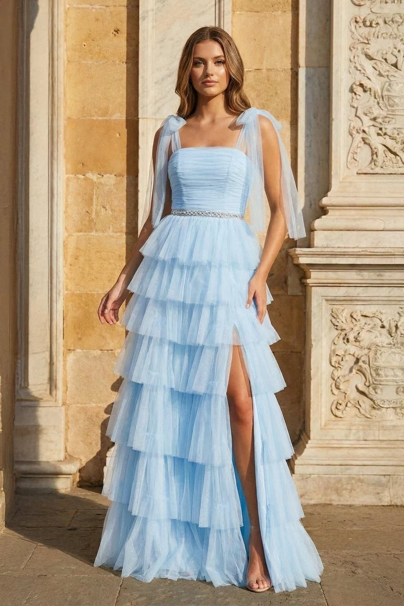 Charming A-Line Square-Neck Sleeveless Tiered Slit Blue Long Prom Dresses Women
