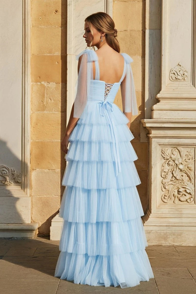 Charming A-Line Square-Neck Sleeveless Tiered Slit Blue Long Prom Dresses Women