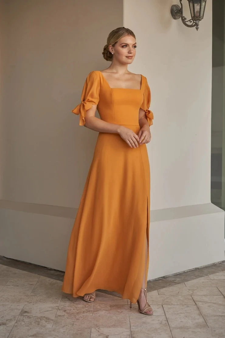 Charming A-Line Square Neck Short Sleeve Slit Marigold Floor-Length Prom Gown