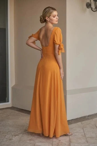 Charming A-Line Square Neck Short Sleeve Slit Marigold Floor-Length Prom Gown