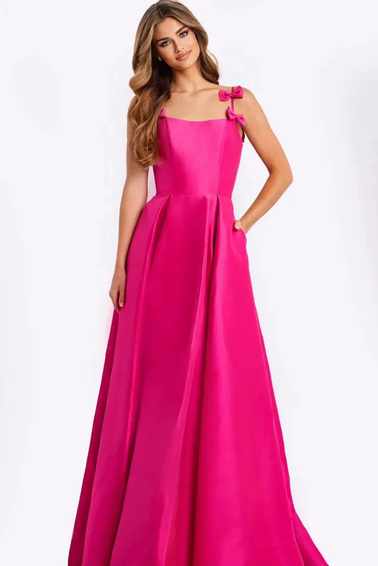 Charming A-Line Square Neck Sleeveless Bow Fuchsia Long Prom Dresses Women