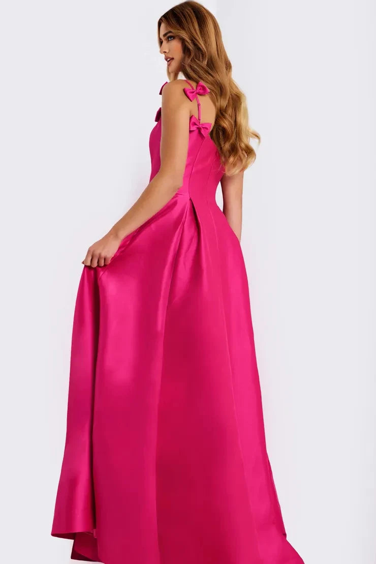 Charming A-Line Square Neck Sleeveless Bow Fuchsia Long Prom Dresses Women