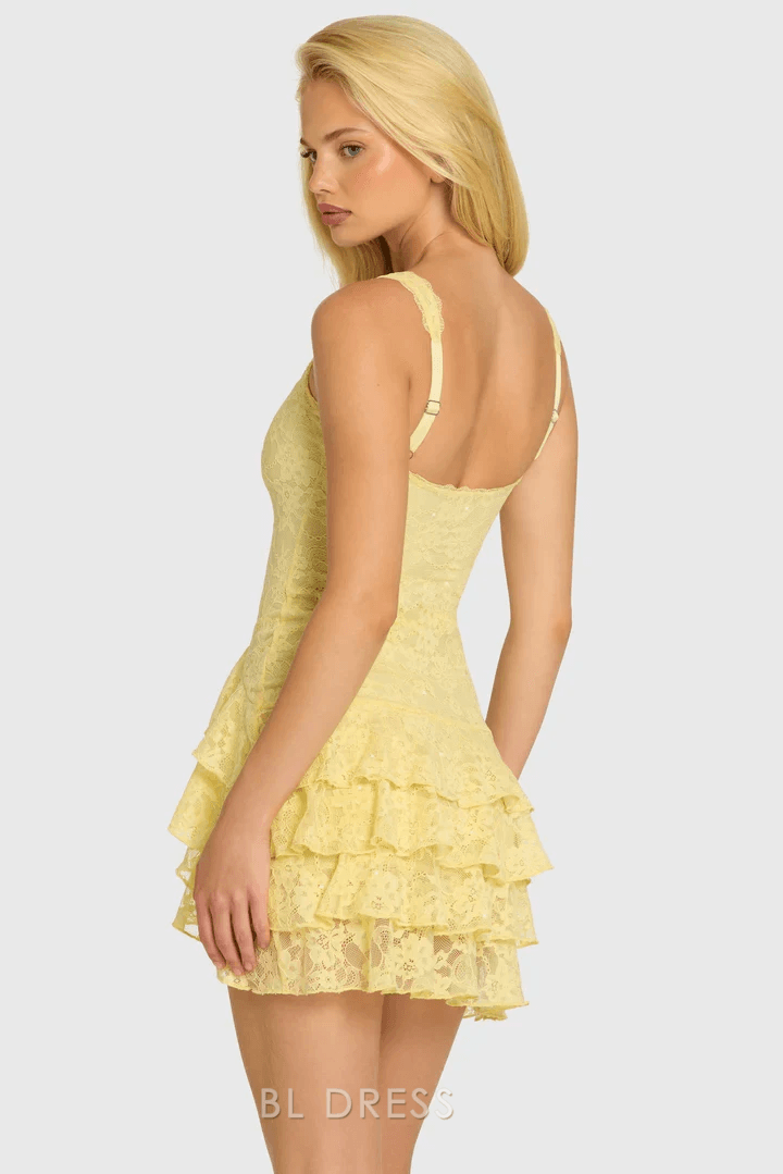 Charming A-Line Square Neck Sleeveless Embellished Yellow Mini Homecoming Dress for Women