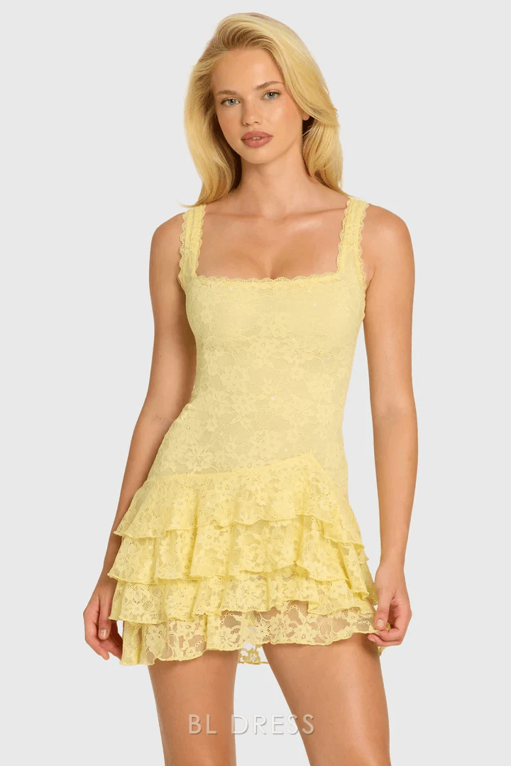 Charming A-Line Square Neck Sleeveless Embellished Yellow Mini Homecoming Dress for Women