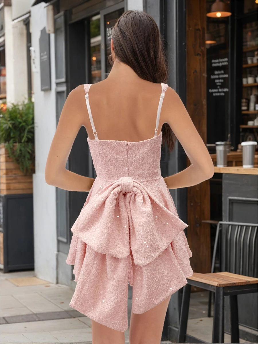 Charming A-Line Square Neck Sleeveless Pink Short Bow Back Homecoming Dress