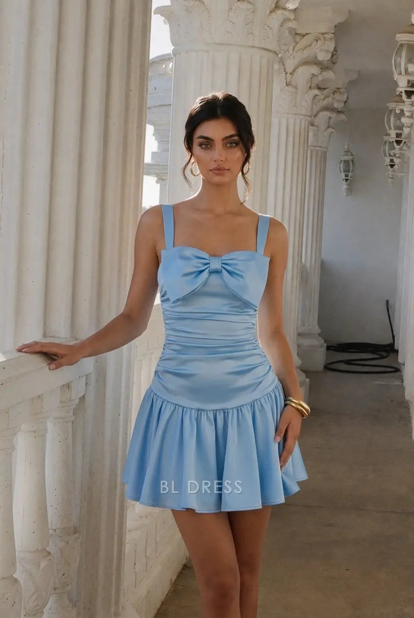 Charming A-Line Strapless Bow Ruched Sky Blue Mini Homecoming Dress
