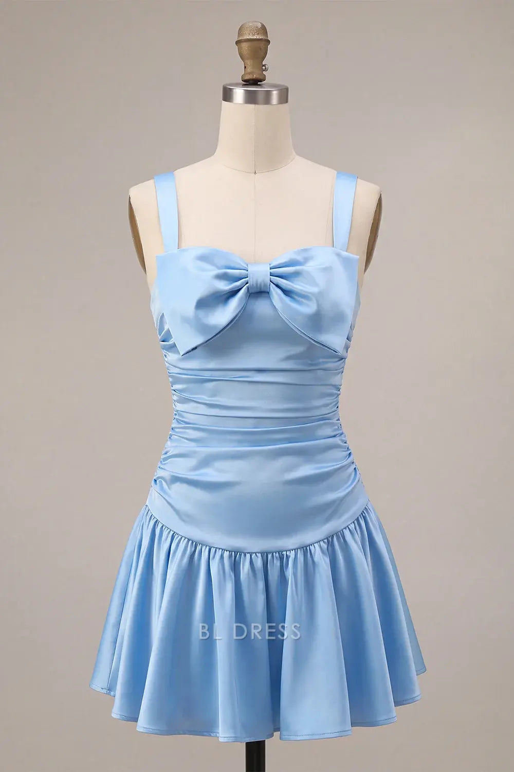 Charming A-Line Strapless Bow Ruched Sky Blue Mini Homecoming Dress
