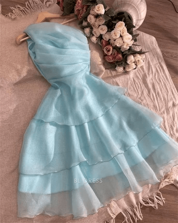 Charming A-Line Strapless Ruched Tiered Light Blue Short Homecoming Dress Women's