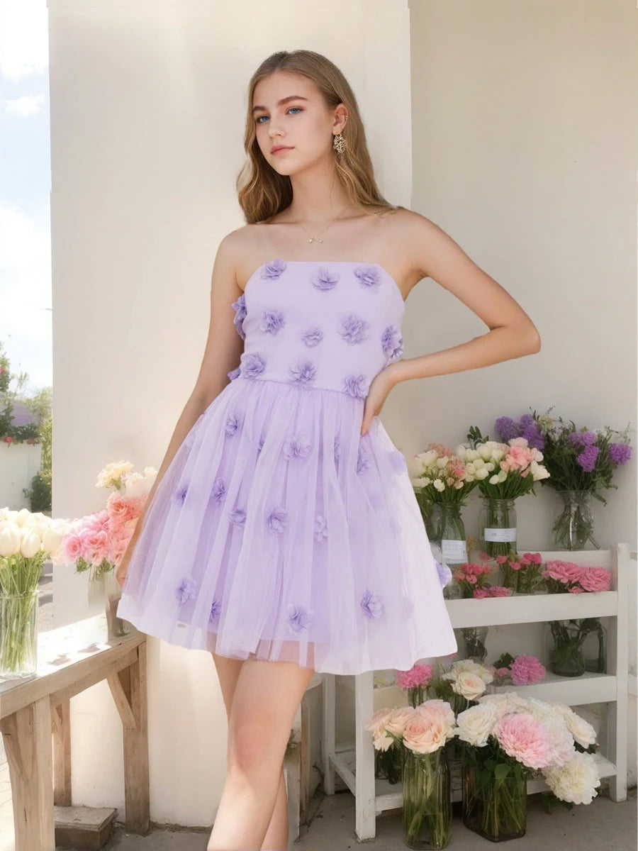 Charming A-Line Strapless Sleeveless Floral Lavender Short Homecoming Dress for Teens