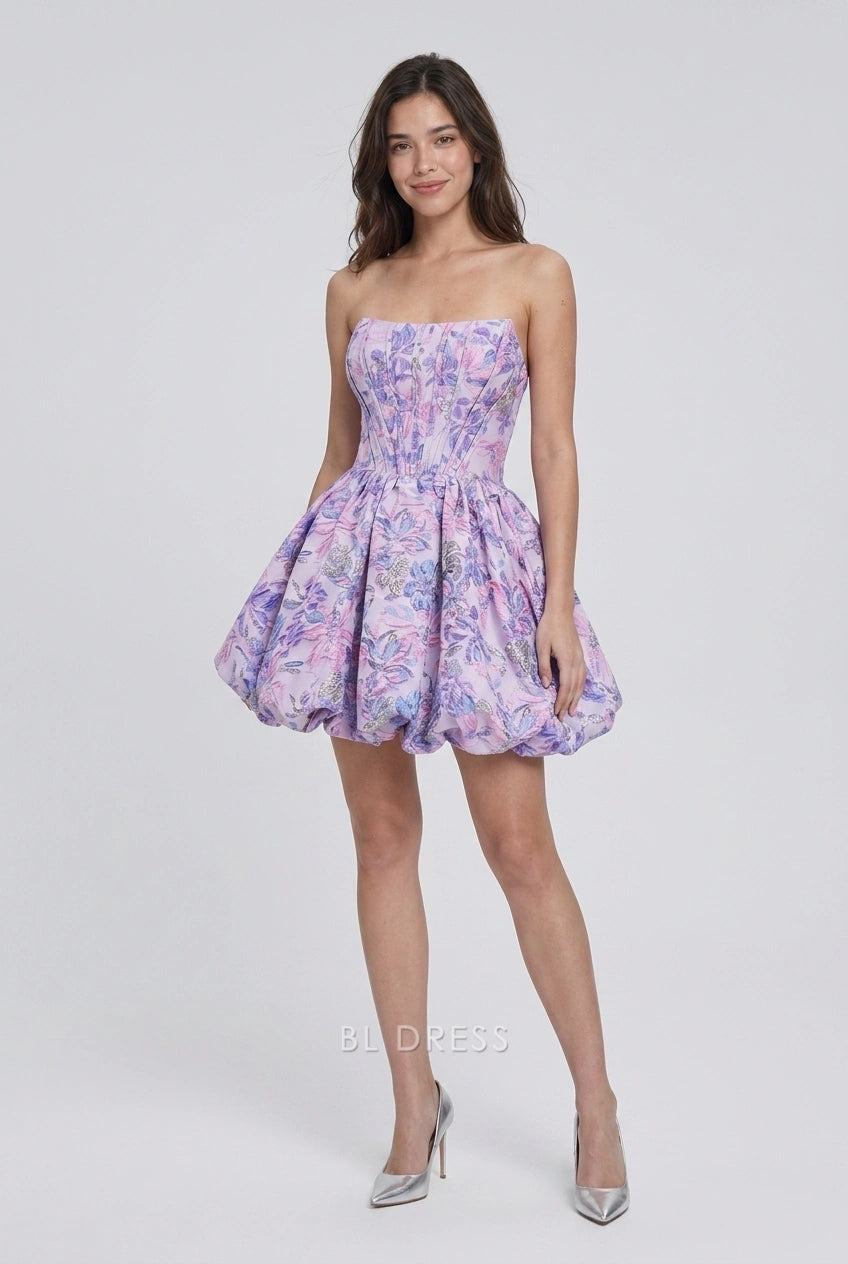 Charming A-Line Strapless Sleeveless Floral Puffy Lilac Short Homecoming Dresses Women