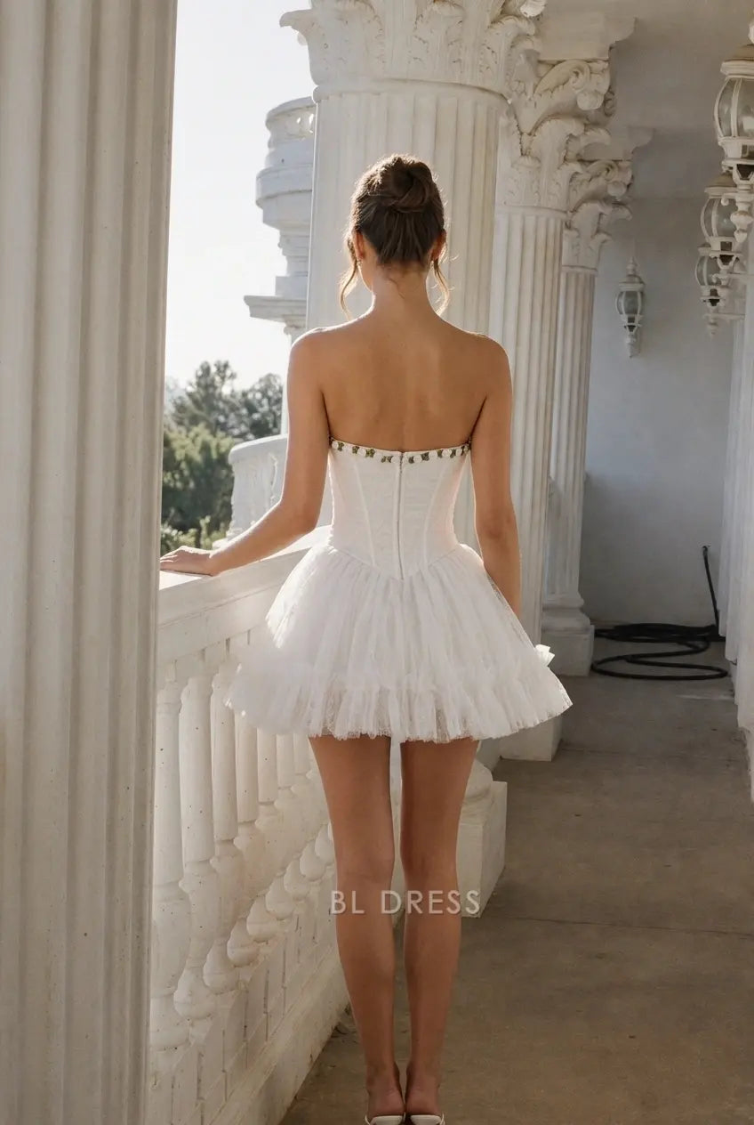 Charming A-Line Strapless Sleeveless Floral White Short Homecoming Dresses for Women